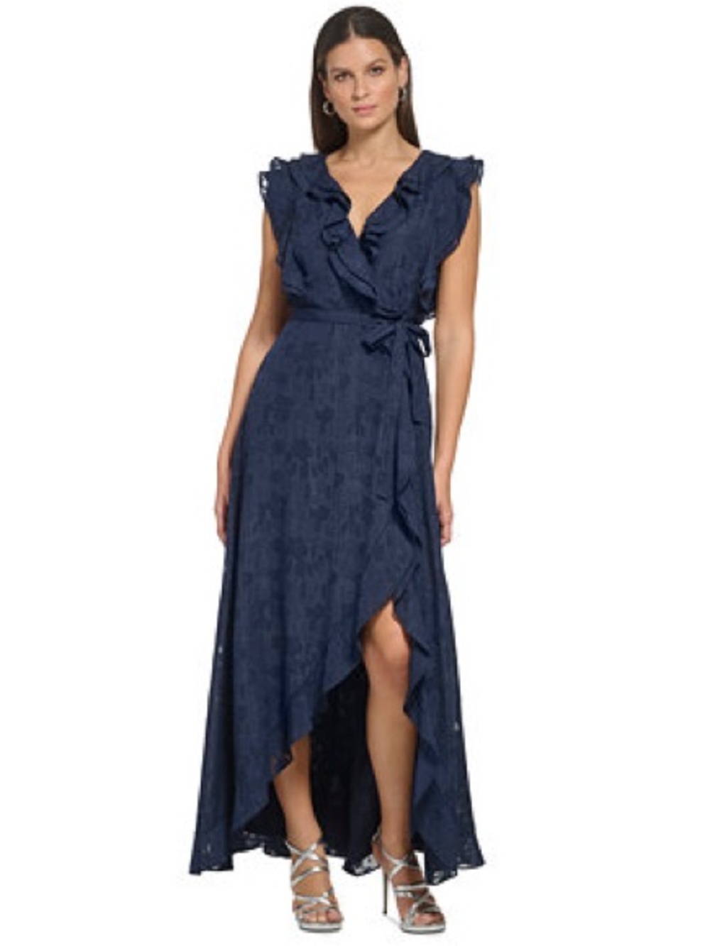 Ruffled V-Neck Navy High-Low Wrap Dress with Self Tie